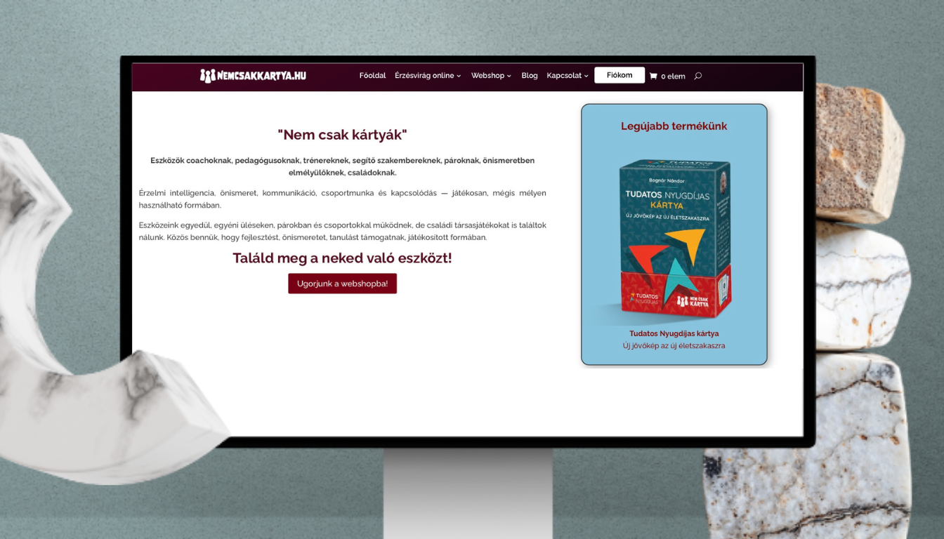 NemCsakKártya webshop és online coaching játék fejlesztése – Athalie Consulting Athalie Consulting által fejlesztett NemCsakKártya webshop és egyedi online coaching játék. Modern webdesign, reszponzív webfejlesztés, webshop készítés, UX/UI tervezés és interaktív webalkalmazás fejlesztése coaching vállalkozás számára.
