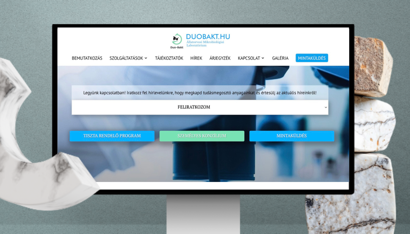 Athalie Consulting által tervezett és fejlesztett Duobakt.hu weboldal. Egyedi webdesign, reszponzív webfejlesztés, UX/UI tervezés és professzionális laboratóriumi weboldal állatorvosi mikrobiológiai laboratórium számára.