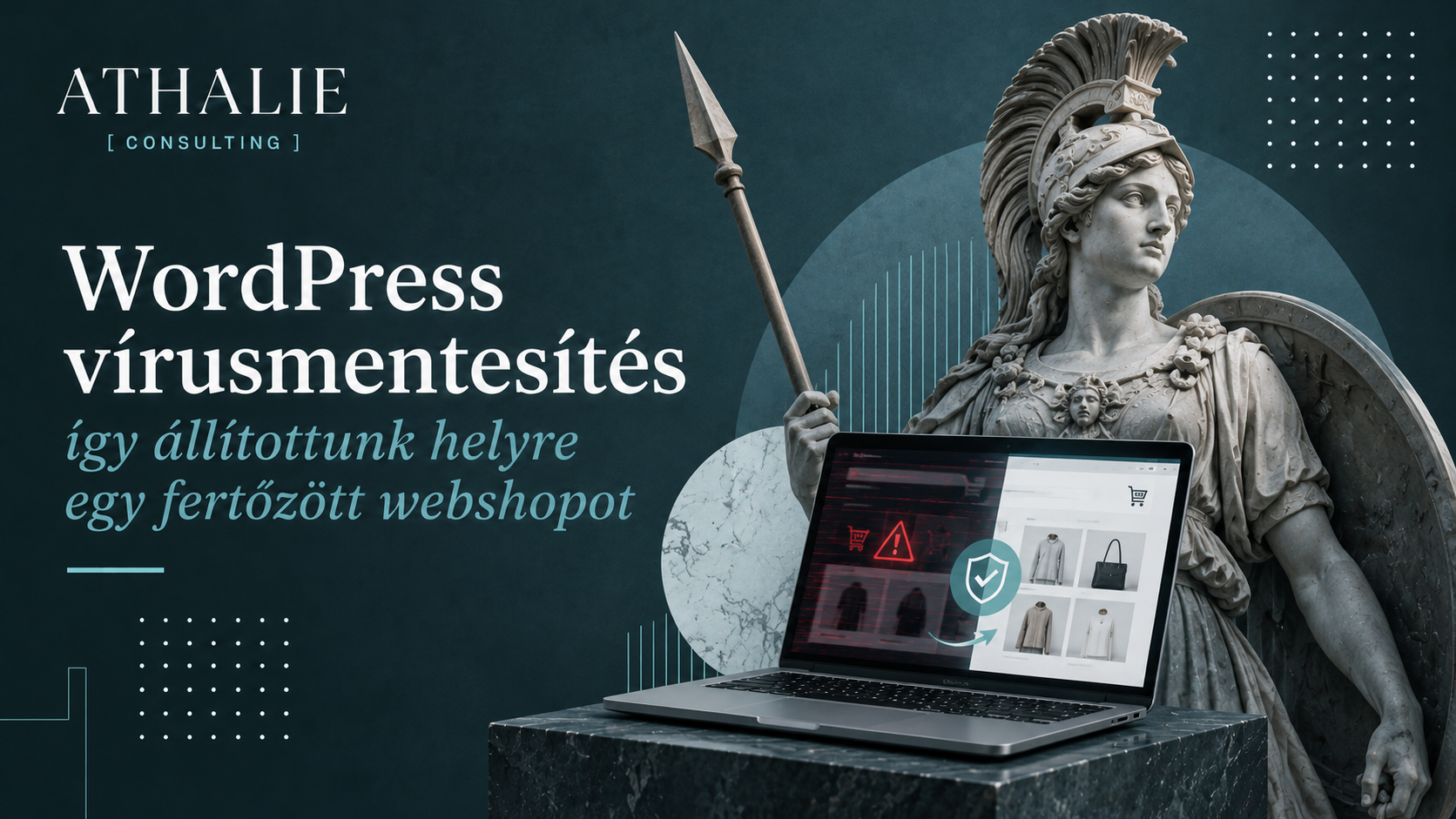 WordPress vírusmentesítés – webshop helyreállítása Vírusvédelmi figyelmeztetés egy webshopot megjelenítő laptop képernyőjén